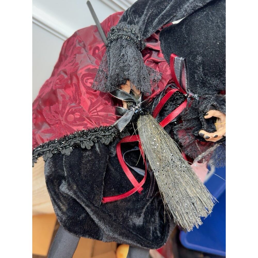 Bella Lux Halloween Witch Doll 25” Burgundy Black Broom Large Decor - Picture 11 of 11